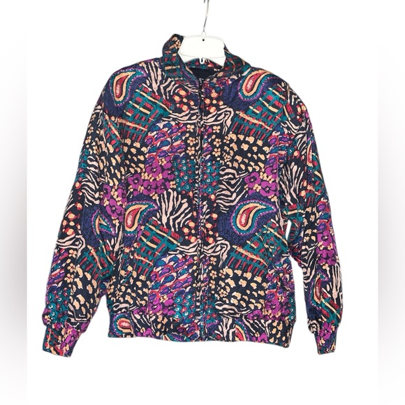 Vintage 80’s 90’s Retro 100% Silk Windbreaker‎ Bomber Jacket Size Large - Picture 1 of 8